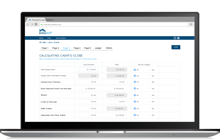 Laptop with Easysoft real estate software screen showing cash to close form and calculations.